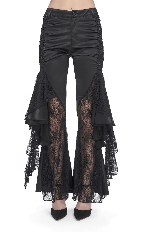 Chic Lace-Paneled Ruffle Flared Pants for Evenings Chic Capri Pants