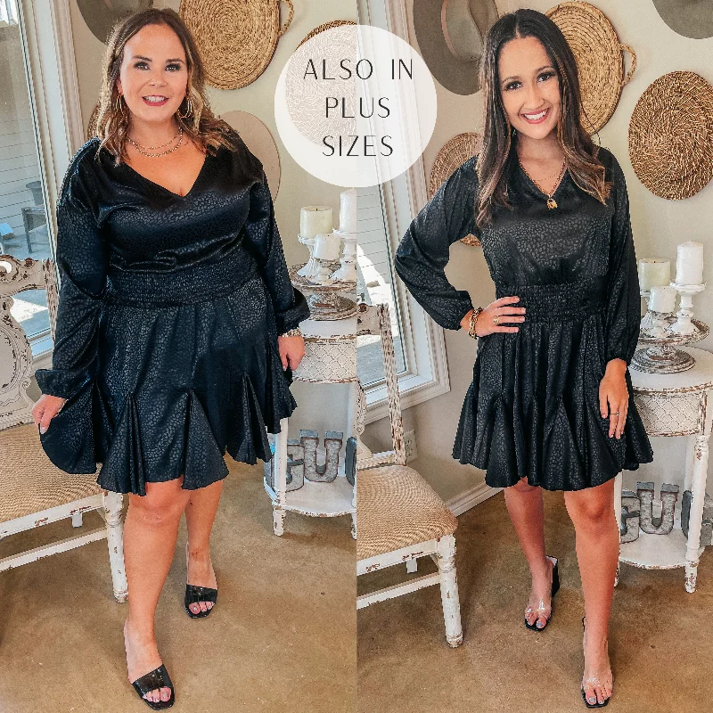 Wine Toast Dotted Smocked Waist V Neck Satin Dress in Black Tunics Brand named