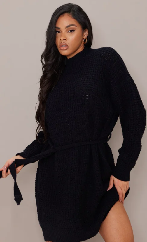 Black Soft Belted Knitted Jumper Dress Cowl Neckline Elegant
