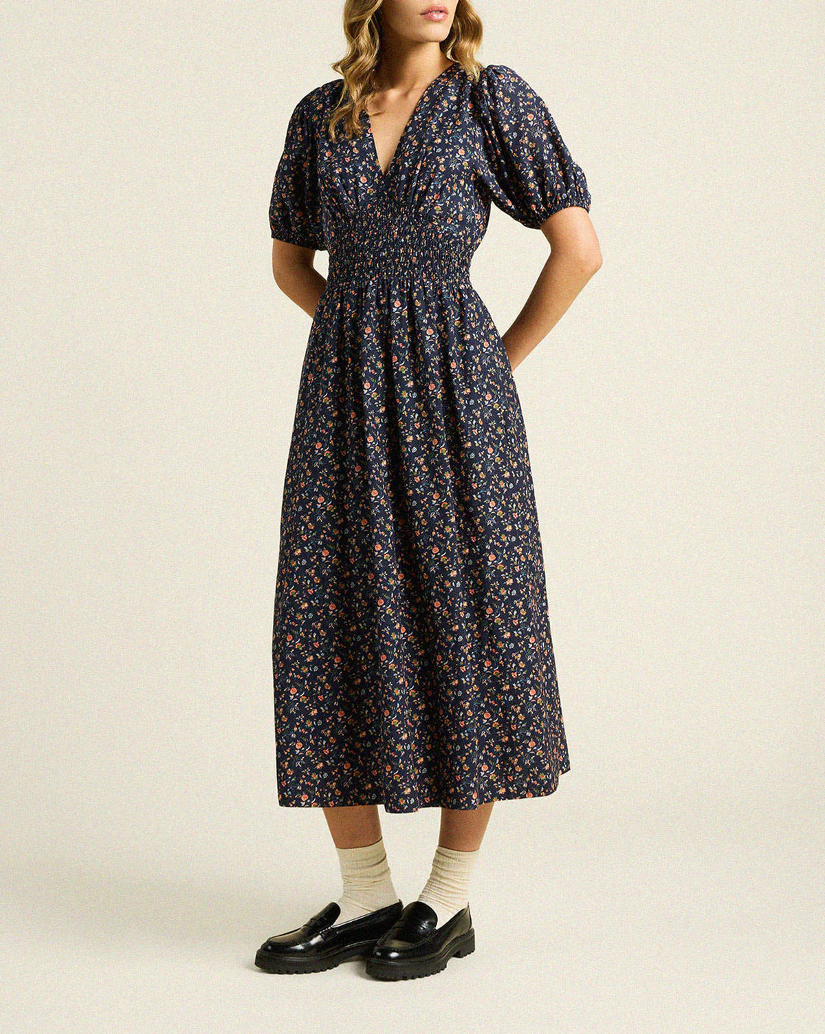 Sonia Dress ~ Navy Rosette Crew Neckline Casual