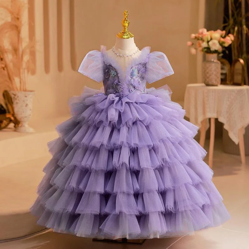 Ball Gown Short Sleeves Multi-Layered Tulle Girl Party Dresses with Appliques Tunics Occasion special Ball Gown Short Sleeves Multi-Layered Tulle Girl Party Dresses with Appliques Tunics Occasion special