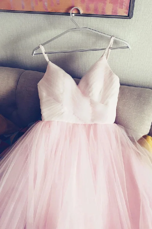 Light Pink Spaghetti Straps Tulle Long Prom Formal Dress, Puffy Party Dress Bodycon Fitted Nightout Light Pink Spaghetti Straps Tulle Long Prom Formal Dress, Puffy Party Dress Bodycon Fitted Nightout