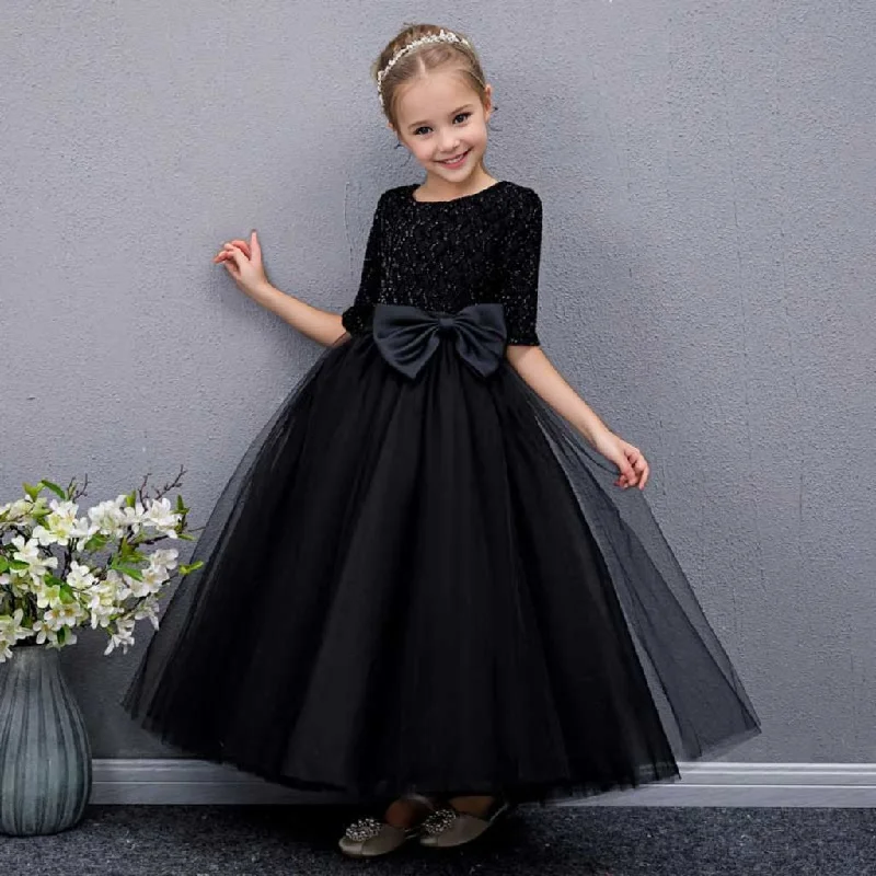 Floor Length Half Sleeves Round Neck A-Line/Princess Girl Party Dress with Bow Tunics Solid Classic Floor Length Half Sleeves Round Neck A-Line/Princess Girl Party Dress with Bow Tunics Solid Classic