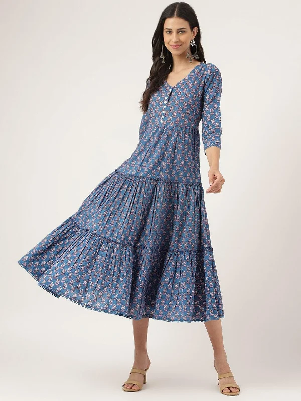 Women's Blue Floral Printed Long dress - Taantav Tunics Bridal satin