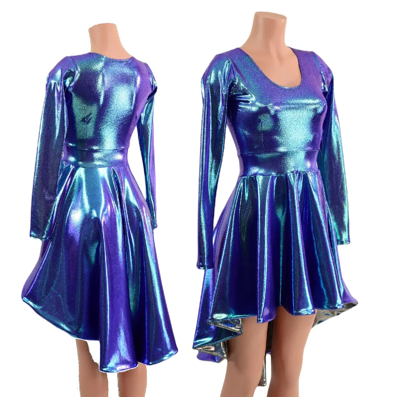 Moonstone Hi Lo Long Sleeve Skater Dress with Silver Holo Skirt Lining Tunics Formal black Moonstone Hi Lo Long Sleeve Skater Dress with Silver Holo Skirt Lining Tunics Formal black