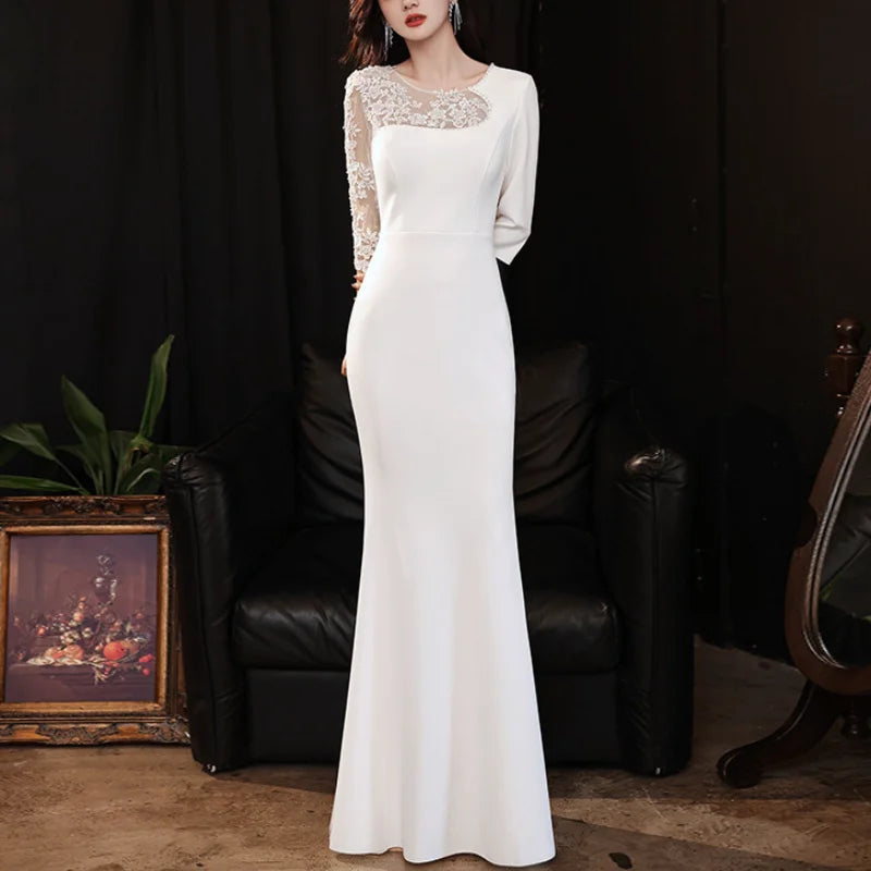 Trumpet Elegant Temperament Evening Dress Appliques Half Sleeve Design Prom Vestidos V-back Mesh Patchwork Slim Party Dresses Tunics Evening elegant Trumpet Elegant Temperament Evening Dress Appliques Half Sleeve Design Prom Vestidos V-back Mesh Patchwork Slim Party Dresses Tunics Evening elegant