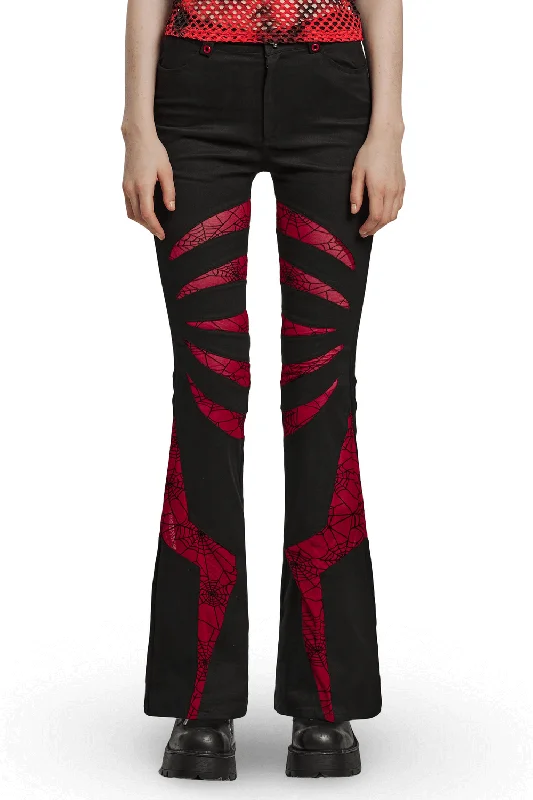 Stretch Gothic Flared Pants with Spiderweb Red Mesh Elegant Trouser Pants