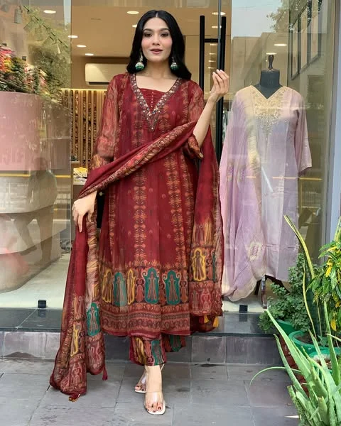 Beautiful pure premium chiffon digital printed Anarkali set with handwork on neck it has attached lining paired up with santoon slik pant and Organza digital printed dupatta sets Soft Stretch Trousers Beautiful pure premium chiffon digital printed Anarkali set with handwork on neck it has attached lining paired up with santoon slik pant and Organza digital printed dupatta sets Soft Stretch Trousers