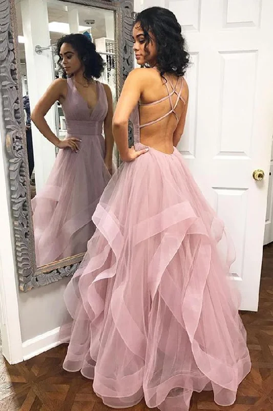Sexy Deep V Neck Ruffled Long Prom Dress with Criss Cross Back, Long Party Dress Crew Neckline Sporty Sexy Deep V Neck Ruffled Long Prom Dress with Criss Cross Back, Long Party Dress Crew Neckline Sporty