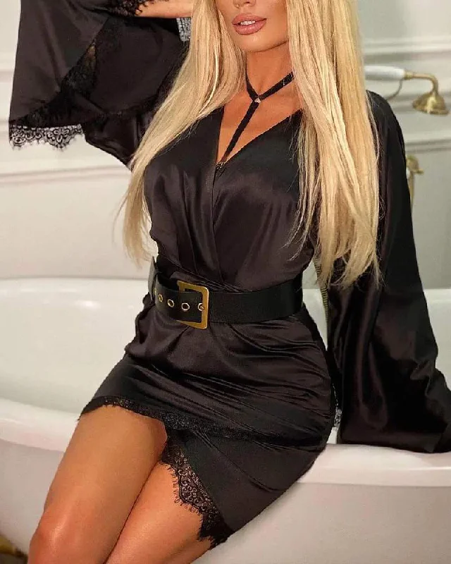 CONTRAST LACE BELL SLEEVE BELTED SATIN PARTY DRESS Tunics Ceremony elegant