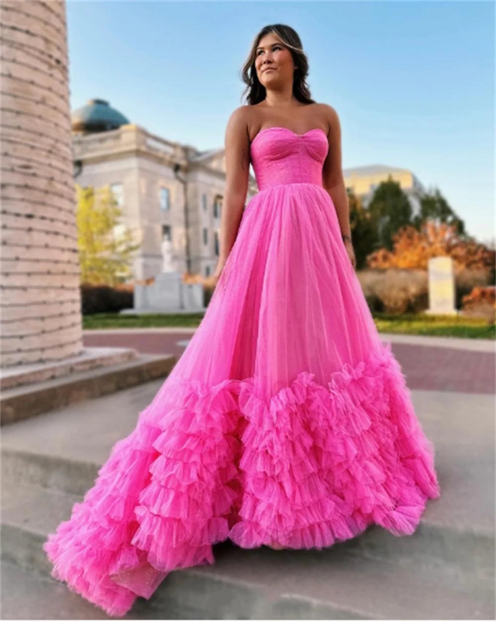 Strapless Hot Pink Evening Dress Princess Puffy A-line Party Dress Tulle Sweep Tail Multi layer Dress Sequined Elegant Party