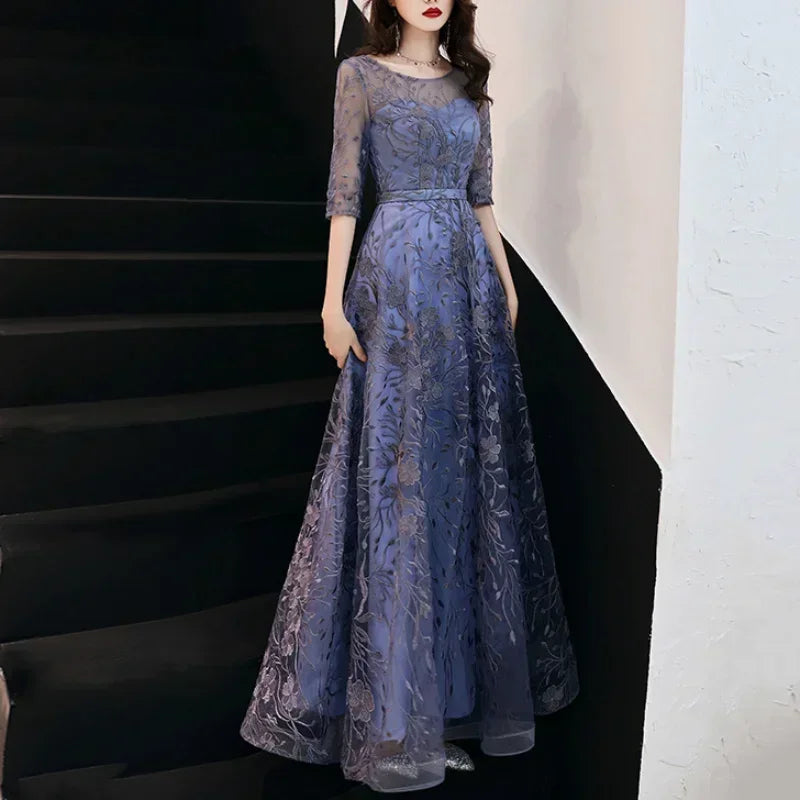Elegant O-neck Half Sleeve Evening Dresses Appliques A-line Lace Formal Gown 2024 Summer Temperament Long Wedding Party Dress Tunics Short Trendy Elegant O-neck Half Sleeve Evening Dresses Appliques A-line Lace Formal Gown 2024 Summer Temperament Long Wedding Party Dress Tunics Short Trendy
