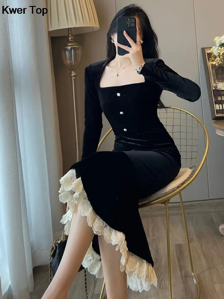 Vintage Bodycon Velvet Mermaid Party Dresses Women Elegant Lace Patchwork Evening Prom Vestidos Female Autumn Winter Clothes Off-the-shoulder Chic Trendy Vintage Bodycon Velvet Mermaid Party Dresses Women Elegant Lace Patchwork Evening Prom Vestidos Female Autumn Winter Clothes Off-the-shoulder Chic Trendy