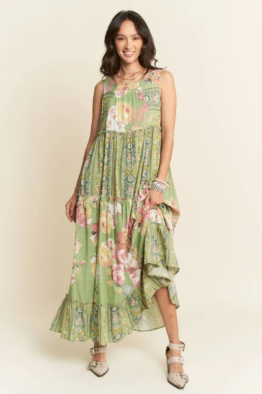 FLORAL BOHO STRIPE MIXED DRESS Crew Neckline Casual