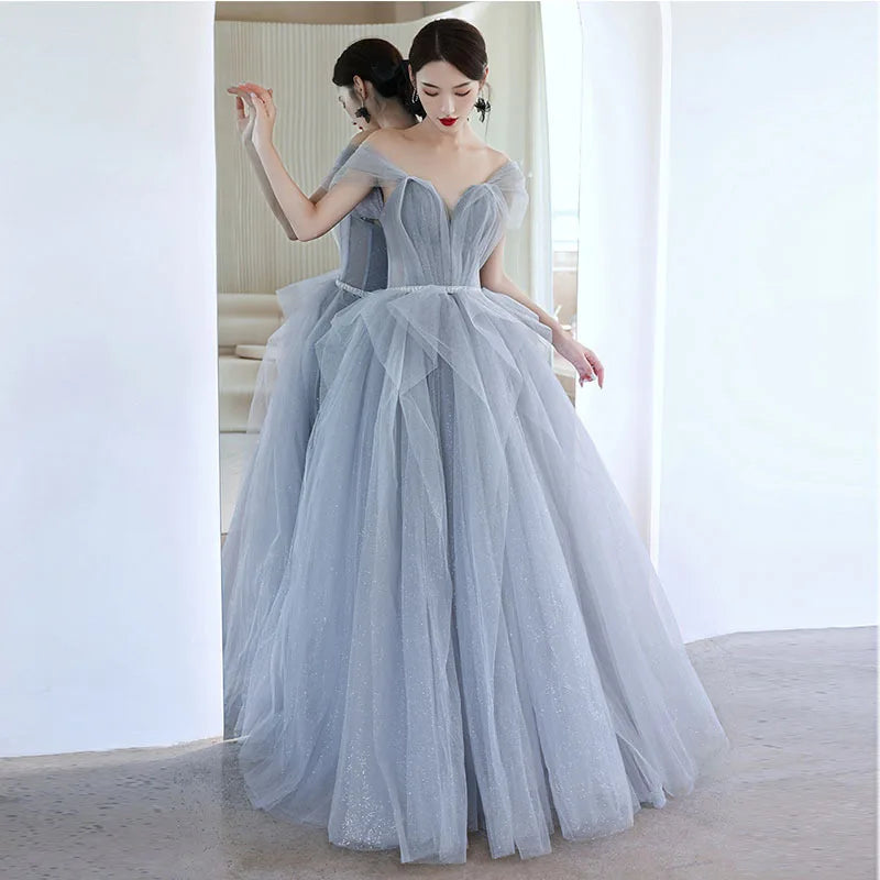 Strapless Mesh Tiered Design Fairy Wedding Party Dress Slim Waist Slash Collar Back Lace Up Prom Robe 2024 Summer Evening Dress Tunics stripes playful Strapless Mesh Tiered Design Fairy Wedding Party Dress Slim Waist Slash Collar Back Lace Up Prom Robe 2024 Summer Evening Dress Tunics stripes playful