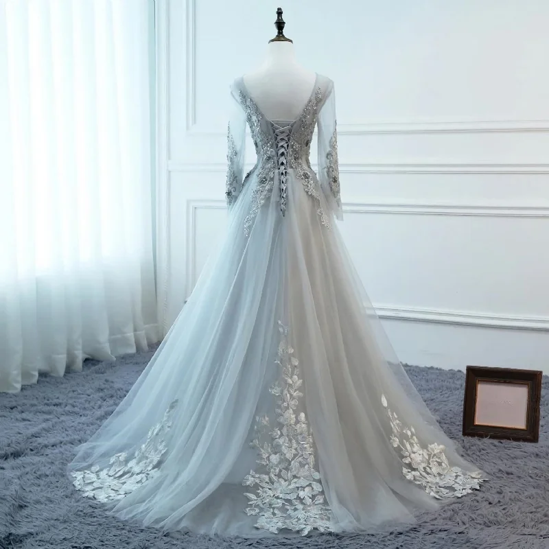 Grey Long Sleeves V Neckline Tulle Prom Dress, A Line Floor Length Party Dress Tunics Practical durable Grey Long Sleeves V Neckline Tulle Prom Dress, A Line Floor Length Party Dress Tunics Practical durable