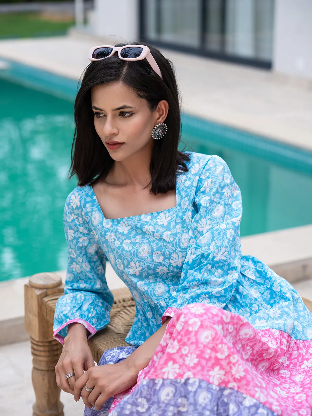 Blue Cotton Colour Blocking Tiered Dress Tunics Versatile all-occasion