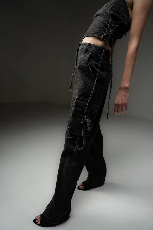 BLACK DENIM CARGO PANT Relaxed High-Waist Trousers