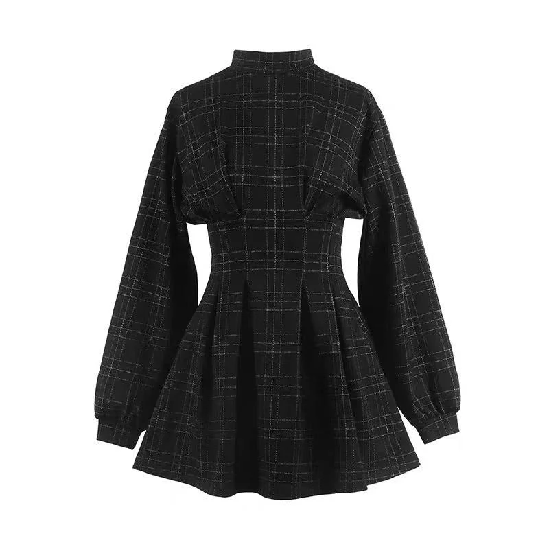 AUTUMU NEW CHEQUER WAIST-TIED LONG-SLEEVE DRESS BY71117 Tunics Yoga stretchy
