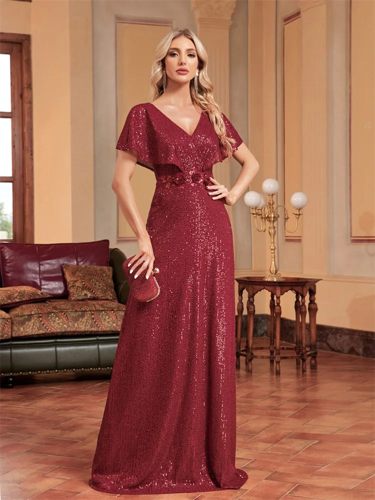Elegant Sequins Red V-neck Formal Evening Dress Women Short Sleeves Mermaid Wedding Party Dress Long Cocktail Gowns Tunics Corduroy durable Elegant Sequins Red V-neck Formal Evening Dress Women Short Sleeves Mermaid Wedding Party Dress Long Cocktail Gowns Tunics Corduroy durable