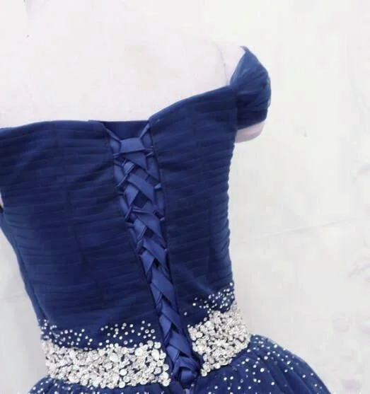 Dark Blue Beaded Tulle A Line Party Dress, Long Prom Dress Pencil Length Work