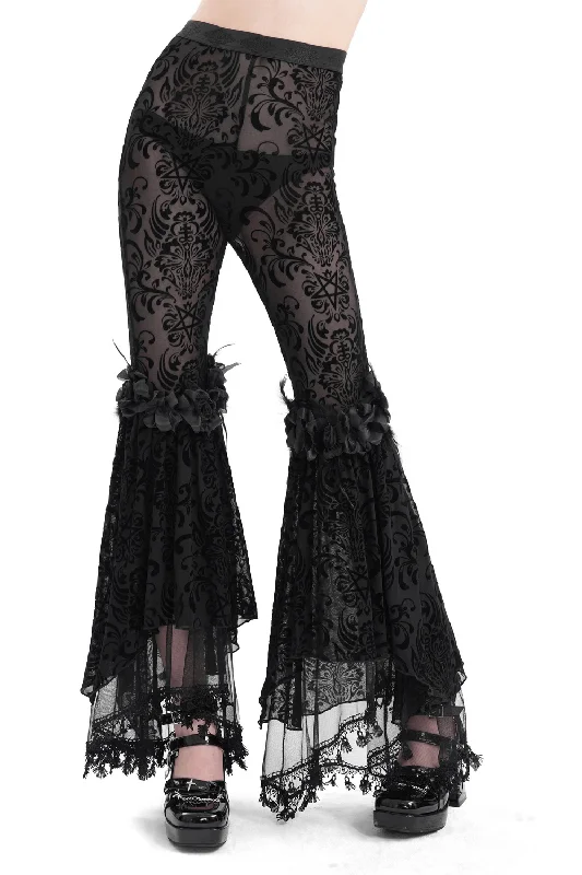 Lace Flare Pants with Velvet Pattern and Gothic Details Elegant Dress Pants