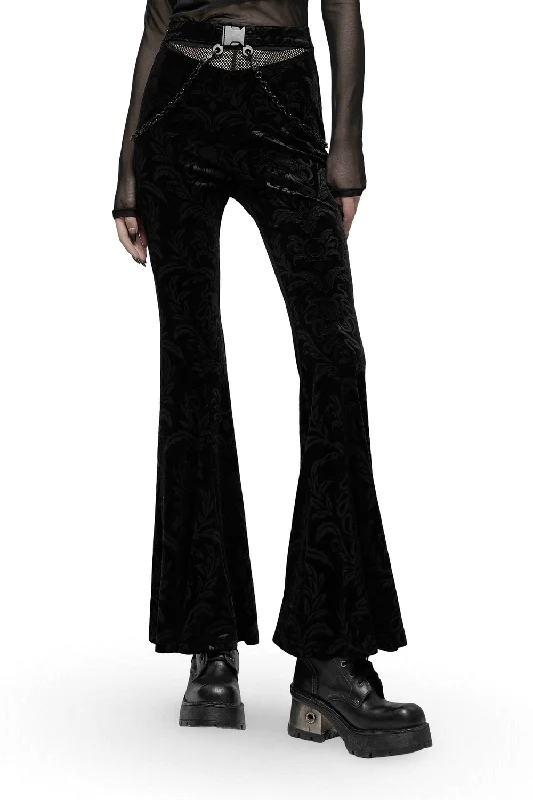 Black Floral Velvet Flared Pants with Chains and Mesh Waist Trendy Wide-Legged Trousers Black Floral Velvet Flared Pants with Chains and Mesh Waist Trendy Wide-Legged Trousers