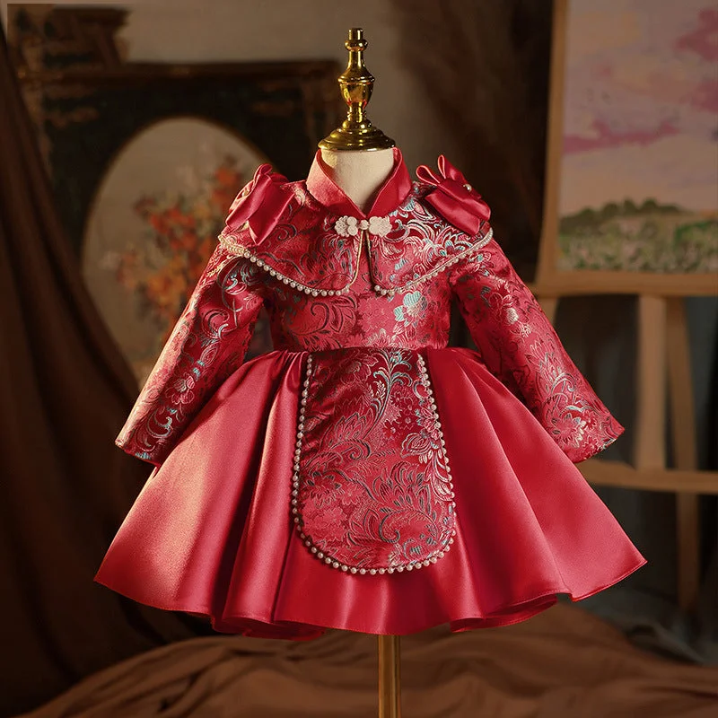 Knee Length High Neck Long Sleeves Embroidery Baby Girl Party Dress with Bow Tunics stripes playful Knee Length High Neck Long Sleeves Embroidery Baby Girl Party Dress with Bow Tunics stripes playful