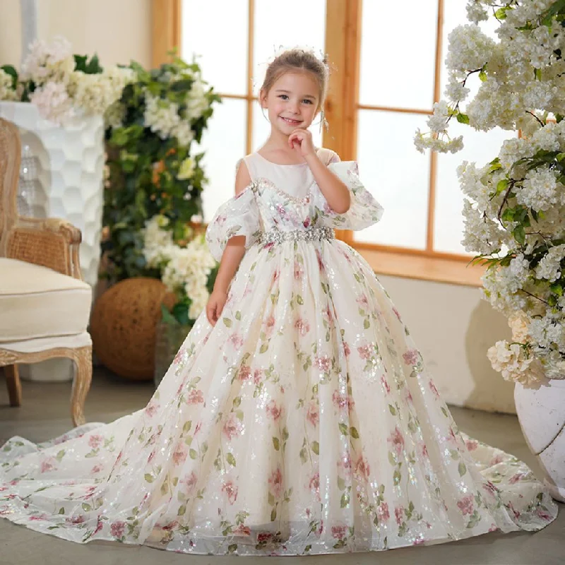 Off-the-Shoulder Rhinestone Belt Princess Flower Girl Party Dresses with Train Tunics Business professional Off-the-Shoulder Rhinestone Belt Princess Flower Girl Party Dresses with Train Tunics Business professional