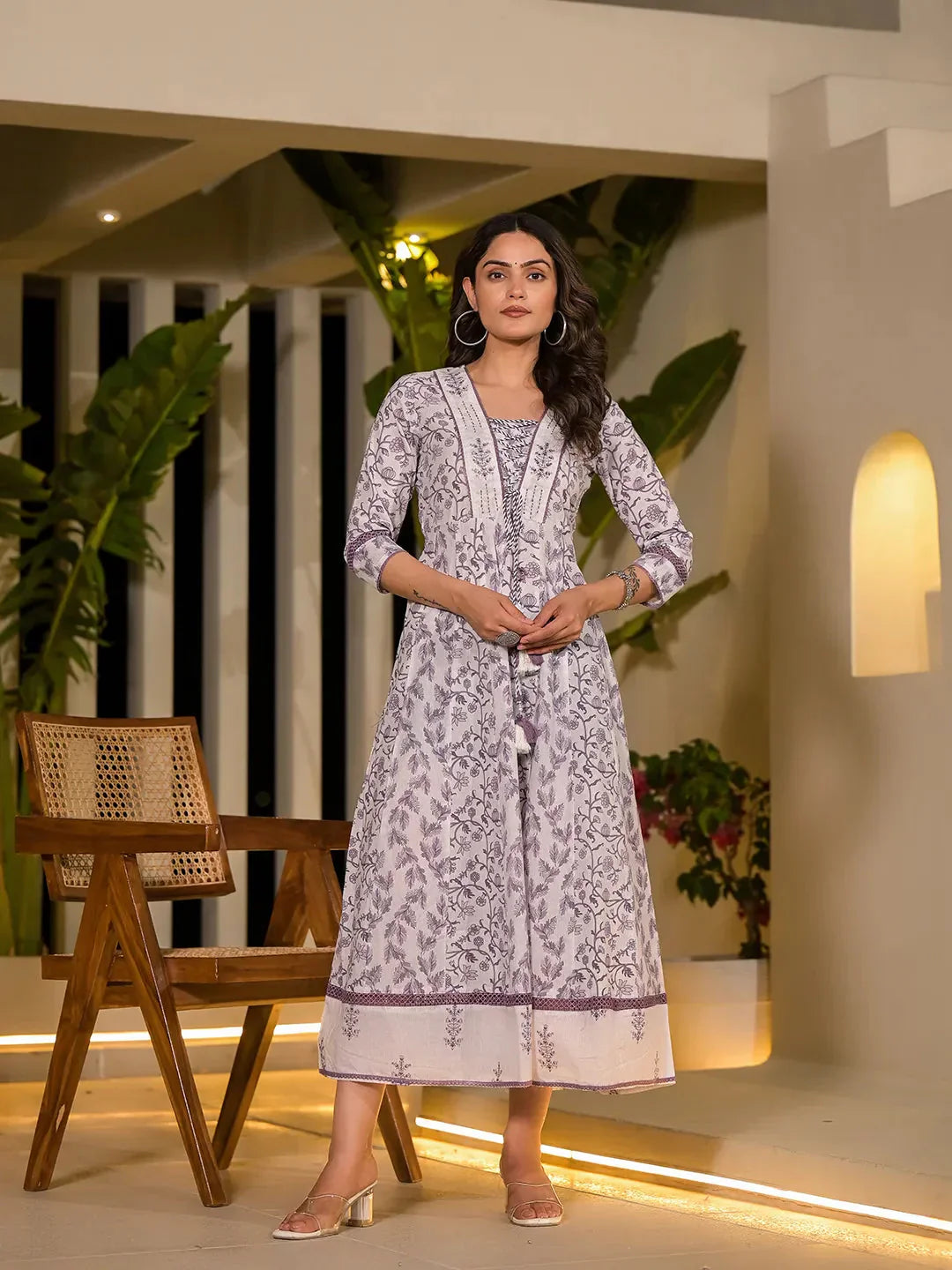 Purple Floral Print Kantha Work A-Line Dori Work Dress Crew Neckline Sporty