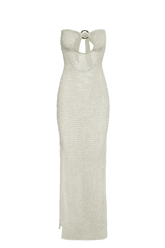 Montego Bandeau Dress - Ivory Lurex Lace Crochet Cowl Neckline Elegant