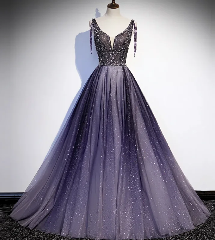 Charming Purple Gradient Tulle V Neckline Long Party Dress, A Line Prom Dress Satin Halter Glamorous Charming Purple Gradient Tulle V Neckline Long Party Dress, A Line Prom Dress Satin Halter Glamorous