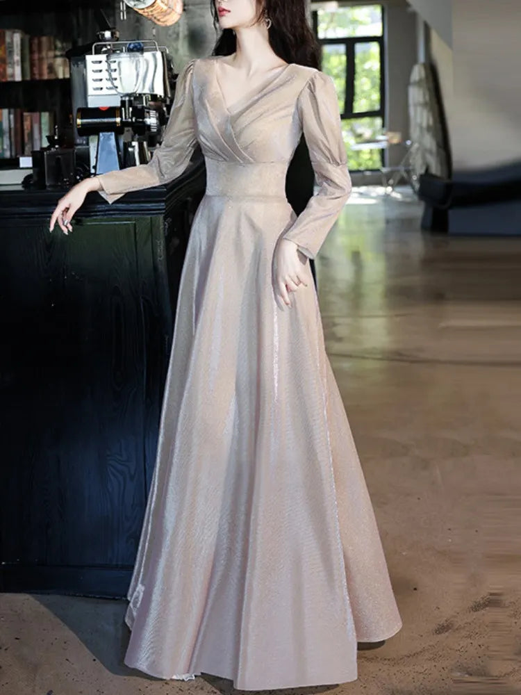 V-neck Solid Long Sleeve Wedding Party Dresses Slim Pleated Elegant Prom Dress Gentle Simple Temperament Long Evening Vestidos Tunics Bridal satin V-neck Solid Long Sleeve Wedding Party Dresses Slim Pleated Elegant Prom Dress Gentle Simple Temperament Long Evening Vestidos Tunics Bridal satin