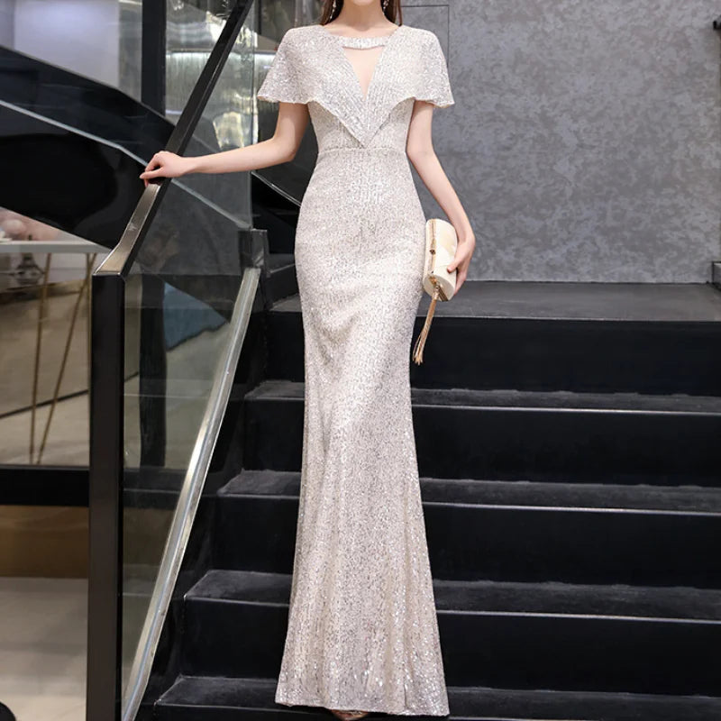 Sexy Sequined Elegant Evening Dresses Slim Waist V-neck Robe Chic Sleeves Party Dress 2024 Summer Trumpet Women Shiny Vestidos Tunics Long Elegant Sexy Sequined Elegant Evening Dresses Slim Waist V-neck Robe Chic Sleeves Party Dress 2024 Summer Trumpet Women Shiny Vestidos Tunics Long Elegant