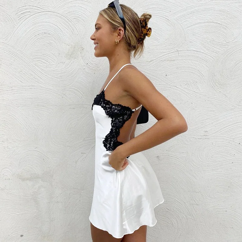V Neck Lace Trim A-Line Satin White Dress Fashion Strap Mini Summer Dress Backless Party Dresses Tunics stripes playful V Neck Lace Trim A-Line Satin White Dress Fashion Strap Mini Summer Dress Backless Party Dresses Tunics stripes playful