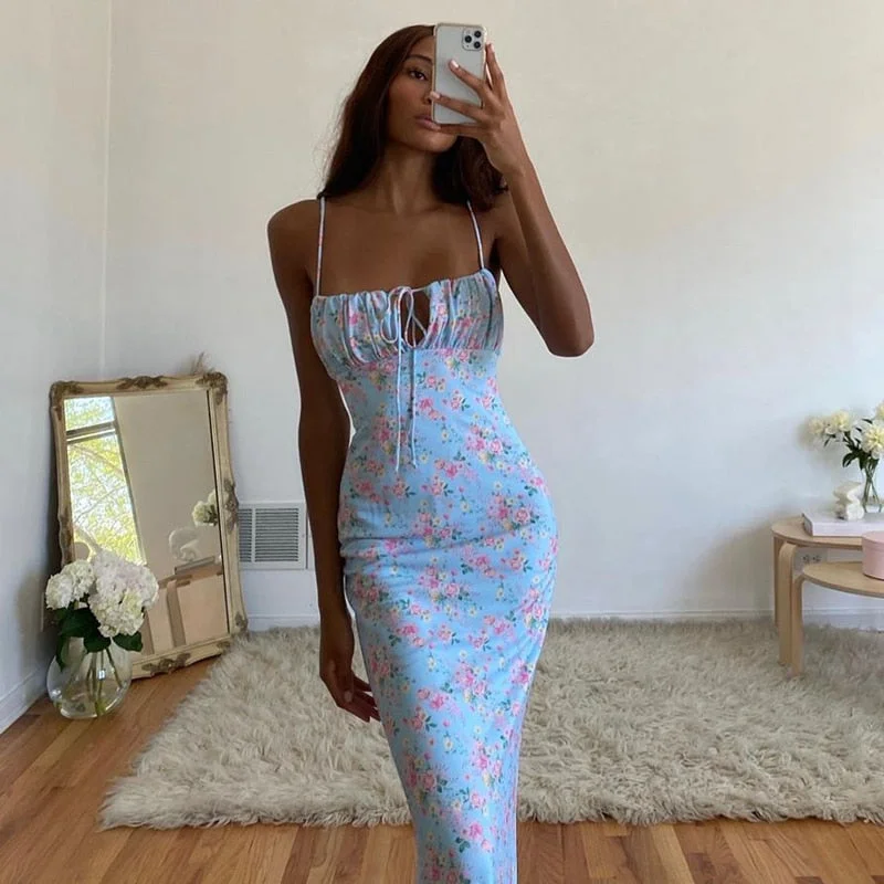 Floral Print Casual Long Bodycon Strapless Club Party Dresses Spaghetti Strap Dress Tunics Floral girly