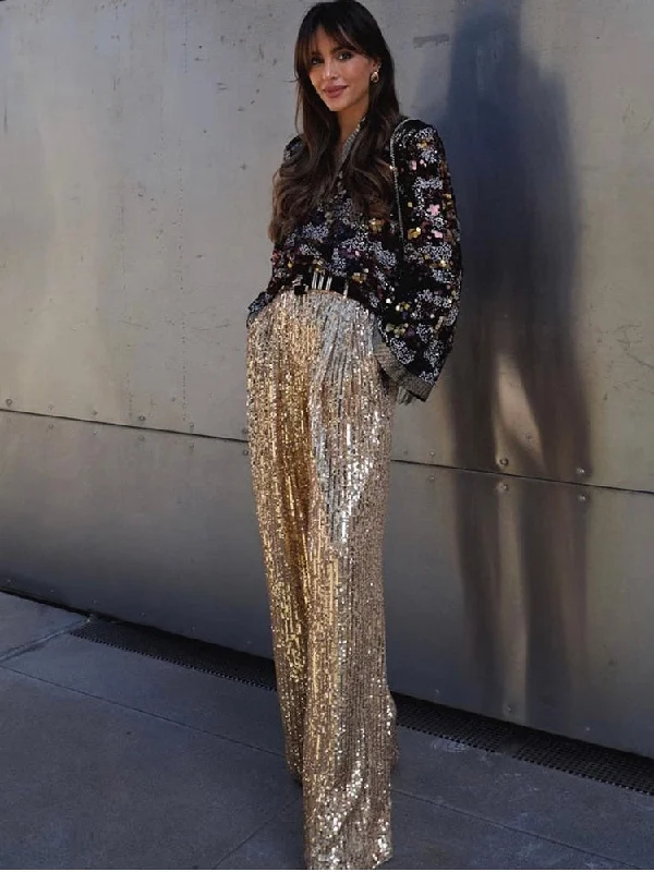 Wide Leg Pants High Waist Sequins Long Pants Comfortable Jogger Trousers