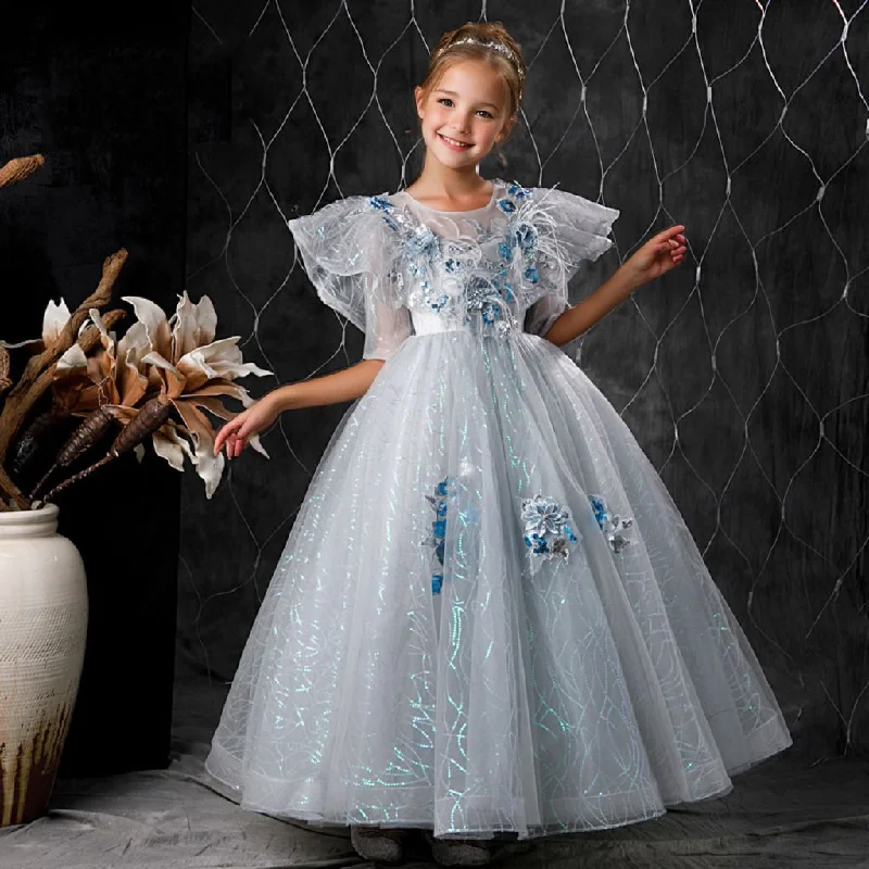 Ball Gown Short Sleeves Rhinestone Flower Appliques Girl Party Dress with Feathers Tunics Trousers formal Ball Gown Short Sleeves Rhinestone Flower Appliques Girl Party Dress with Feathers Tunics Trousers formal