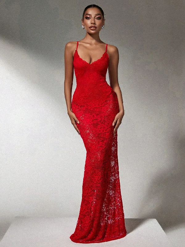 Elegant Red Lace Cami Dress Tunics Winter warm