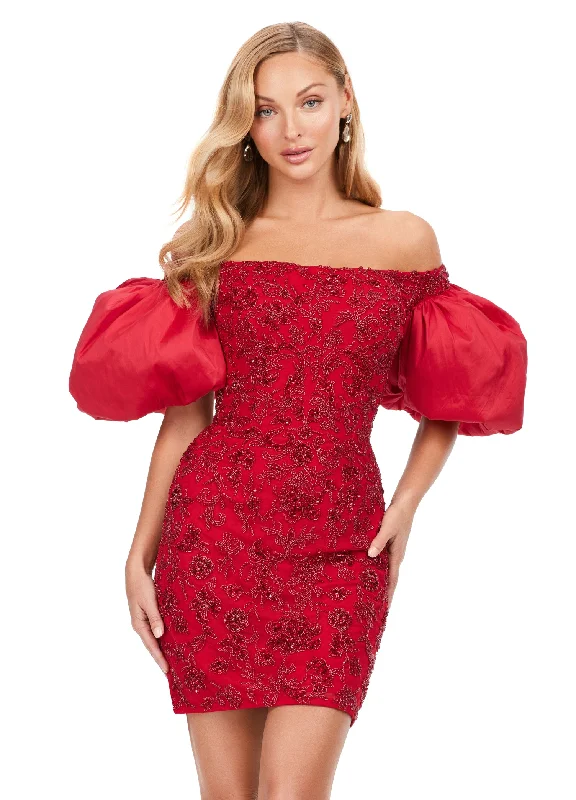 Ashley Lauren 4609 Off The Shoulder Puff Sleeve Beaded Fitted Cocktail Homecoming Dress sweetheart Neckline Romantic