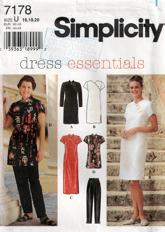 Simplicity 7178 Womens Cheongsam Style Asymmetric Dress Top & Pants 1990s Vintage Sewing Pattern Sizes 16 - 20 UNCUT Factory Folded Formal Slim Pants