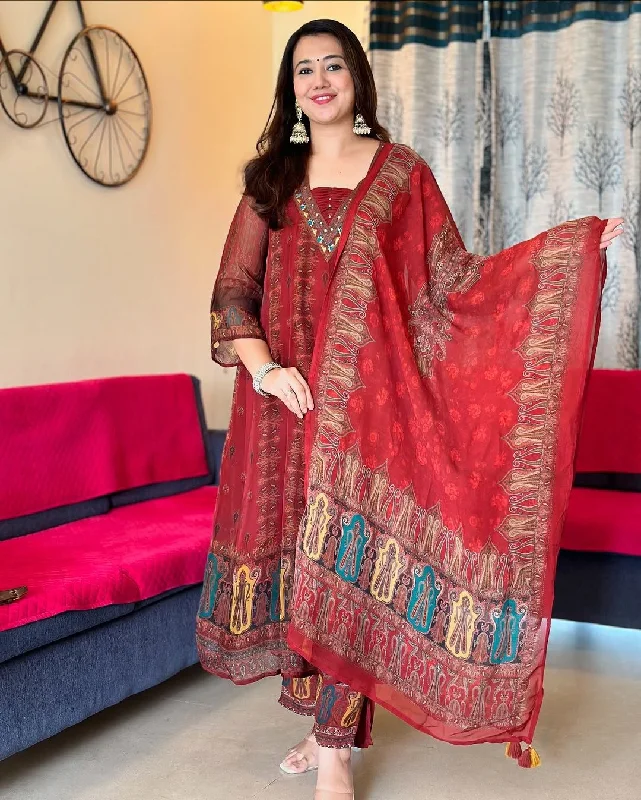Beautiful pure premium chiffon digital printed Anarkali set with handwork on neck it has attached lining paired up with santoon slik pant and Organza digital printed dupatta sets Chic Slim Fit Pants Beautiful pure premium chiffon digital printed Anarkali set with handwork on neck it has attached lining paired up with santoon slik pant and Organza digital printed dupatta sets Chic Slim Fit Pants