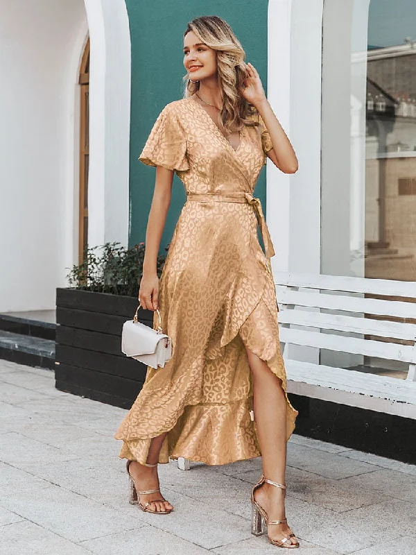 Leopard print party dress V-neck short sleeves dots wrap elegant split lace ruffled belt long dresses Tunics Satin smooth Leopard print party dress V-neck short sleeves dots wrap elegant split lace ruffled belt long dresses Tunics Satin smooth