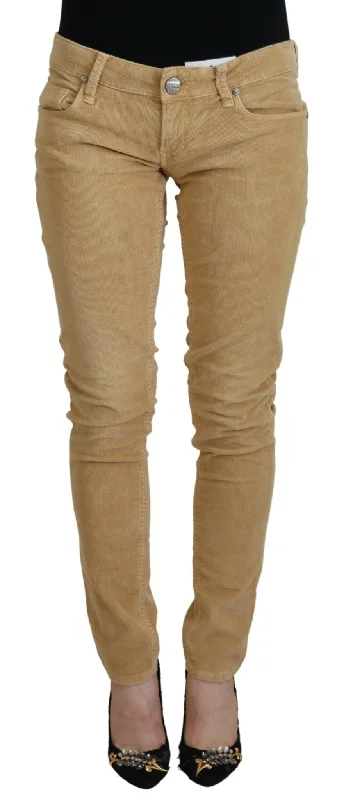 Acht Chic Brown Low Waist Skinny Corduroy Pants Stylish Elastic Waist Pants