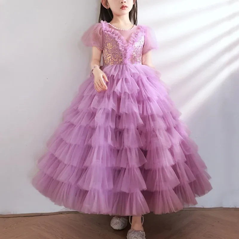 Temperament Sequin Puff Sleeve Beading O-neck Birthday Party Dress Mesh Tiered Ball Gown Vestidos Princess Flower Girls Dresses Tunics Fall fleece Temperament Sequin Puff Sleeve Beading O-neck Birthday Party Dress Mesh Tiered Ball Gown Vestidos Princess Flower Girls Dresses Tunics Fall fleece