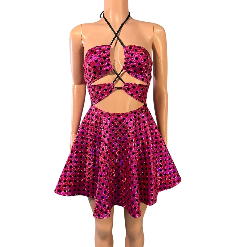 Halter Skater fit n flare X-String Dress in Pink Polka Dot Holographic Shattered Glass Tunics Corduroy durable Halter Skater fit n flare X-String Dress in Pink Polka Dot Holographic Shattered Glass Tunics Corduroy durable