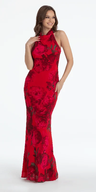 Rose Print Cowl Neck Tie Back Halter Column Dress Tunics Practical durable