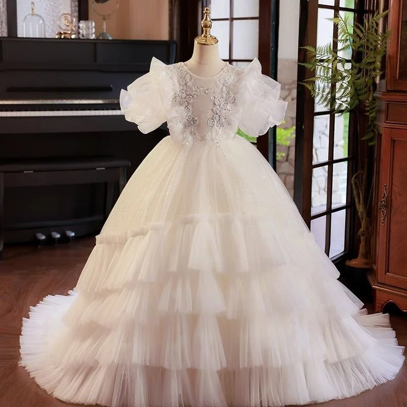Ball Gown Ruffled Tulle Layered Flower Girl Party Dress with Rhinestone Appliques Crew Neckline Casual Ball Gown Ruffled Tulle Layered Flower Girl Party Dress with Rhinestone Appliques Crew Neckline Casual