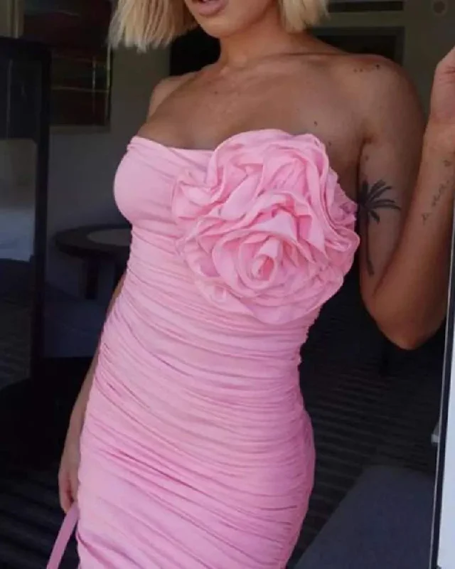 ROSE DETAIL RUCHED SLIT PARTY DRESS Tunics Sophisticated sleek