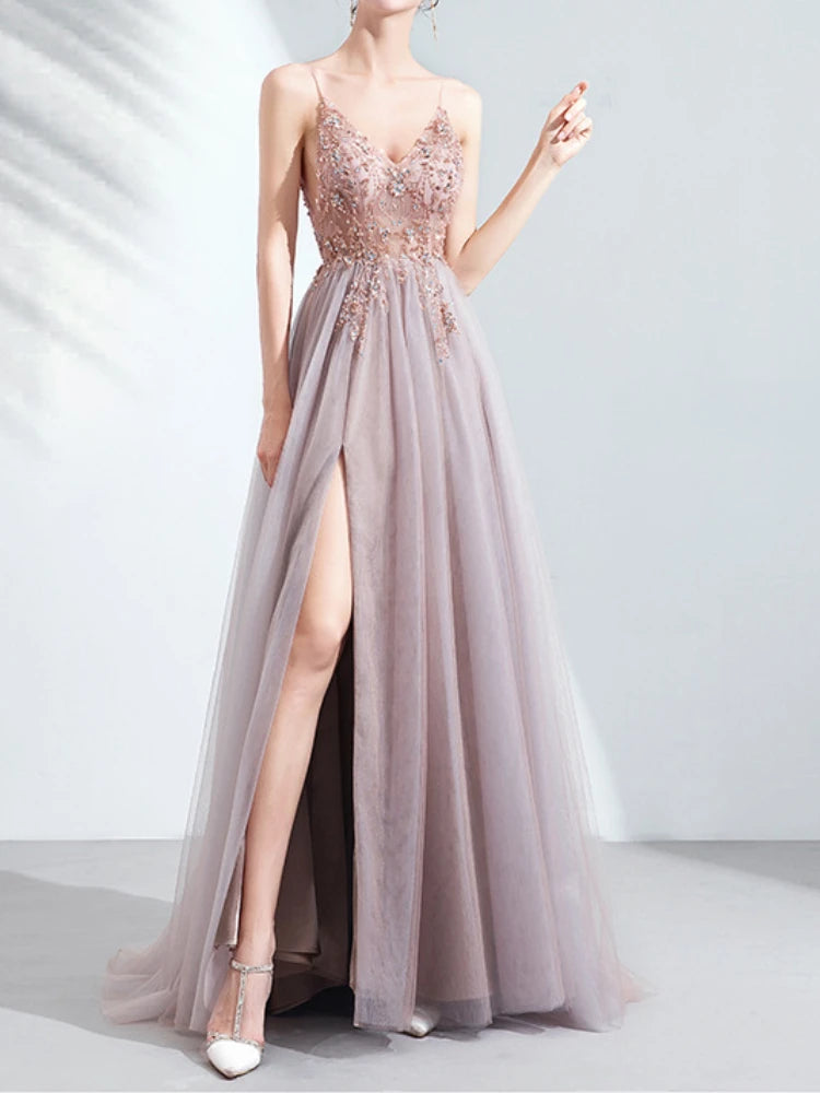 Elegant Temperament Solid Sling Wedding Party Dresses Exquisite Embroidery Besding Evening Dress High Waist Split Mesh Vestidos empire Waist empire Elegant Temperament Solid Sling Wedding Party Dresses Exquisite Embroidery Besding Evening Dress High Waist Split Mesh Vestidos empire Waist empire